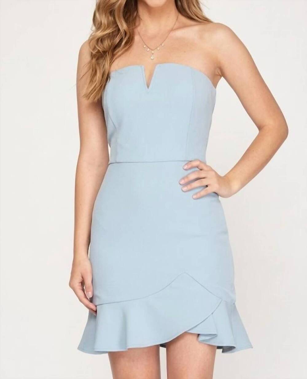 NEW SHE + SKY strapless heavy knit bodycon dress with flounce hem in misty blue